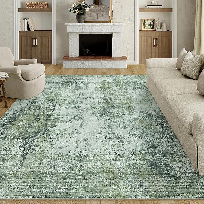 9x12 Area Rug Dark Green Modern Neutral Abstract Living Room Bedroom Indoor Floor Carpet Low Pile Soft Non-Slip Lightweight Vacuumable Washable Large Throw Rug for Nursery Dining Room
