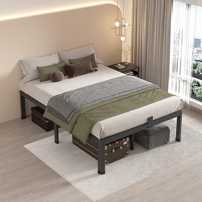 MAF 18 Inch Full Size Bed Frame with Round Corner Legs Mattress Slide Stopper No Box Spring Needed Heavy Duty Metal Platform Bed Frames Under-Bed Storage Space, 3000 LBS Steel Slats Support