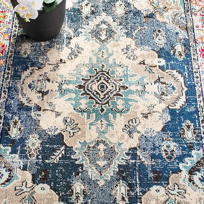 SAFAVIEH Monaco Collection Runner Rug - 2'2" x 20', Navy & Light Blue, Boho Chic Medallion Distressed Design, Non-Shedding & Easy Care, Ideal for High Traffic Areas in Living Room, Bedroom (MNC243N)
