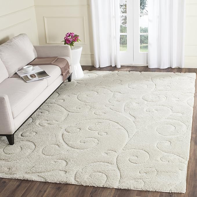 SAFAVIEH Florida Shag Collection Area Rug - 5'3" x 7'6", Creme & Creme, Scroll Design, Non-Shedding & Easy Care, 1.2-inch Thick Ideal for High Traffic Areas in Living Room, Bedroom (SG455-1111)