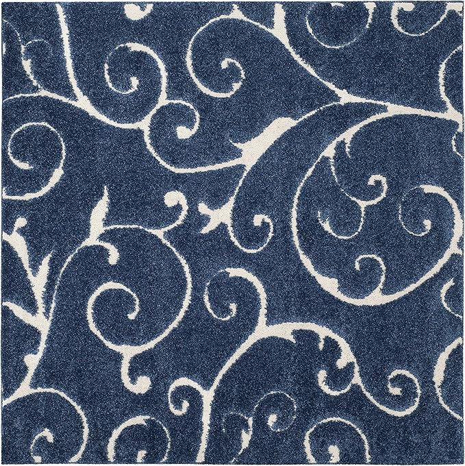 SAFAVIEH Florida Shag Collection Area Rug - 6'7" Square, Dark Blue & Cream, Scroll Design, Non-Shedding & Easy Care, 1.2-inch Thick Ideal for High Traffic Areas in Living Room, Bedroom (SG455-6511)