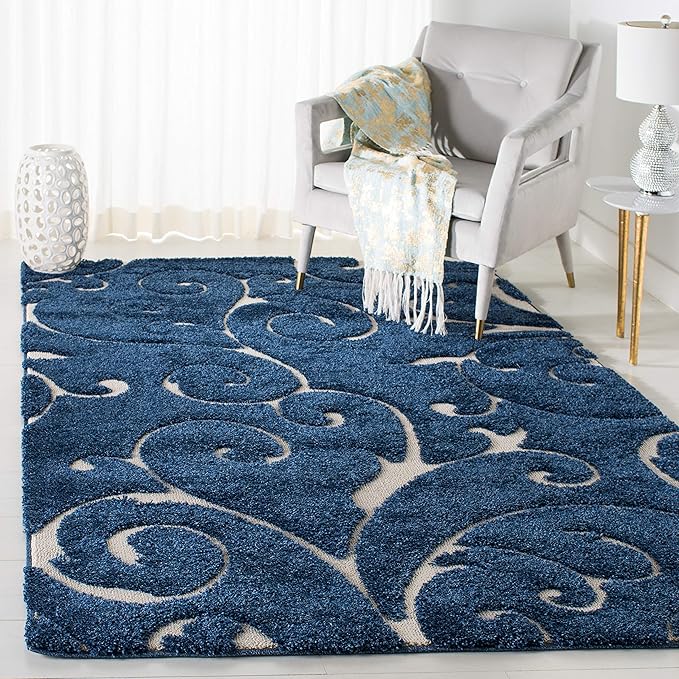 SAFAVIEH Florida Shag Collection Area Rug - 6' x 9', Dark Blue & Cream, Scroll Design, Non-Shedding & Easy Care, 1.2-inch Thick Ideal for High Traffic Areas in Living Room, Bedroom (SG455-6511)
