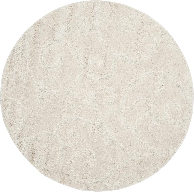 SAFAVIEH Florida Shag Collection Area Rug - 5' Round, Creme & Creme, Scroll Design, Non-Shedding & Easy Care, 1.2-inch Thick Ideal for High Traffic Areas in Living Room, Bedroom (SG455-1111)