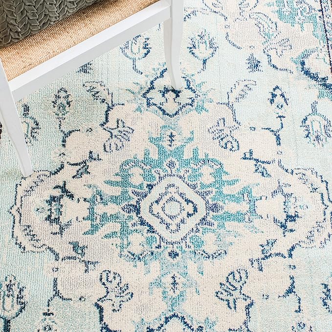 SAFAVIEH Monaco Collection Accent Rug - 4' x 5'7", Light Blue & Ivory, Medallion Distressed Design, Non-Shedding & Easy Care, Ideal for High Traffic Areas in Entryway, Living Room, Bedroom (MNC243K)