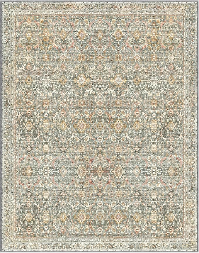 10X14 Area Rugs Machine Washable Rugs for Living Room, Vintage Boho Large Rugs for Bedroom Dining Room, Non Slip Indoor Soft Distressed Lightweight Thin Low Pile Carpet, Turmeric