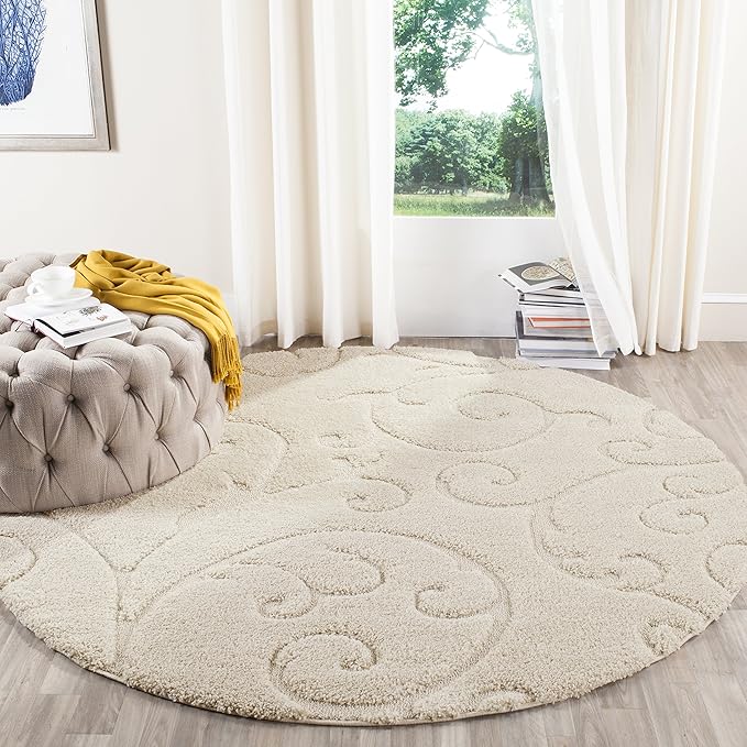 SAFAVIEH Florida Shag Collection Area Rug - 9' Round, Creme & Creme, Scroll Design, Non-Shedding & Easy Care, 1.2-inch Thick Ideal for High Traffic Areas in Living Room, Bedroom (SG455-1111)