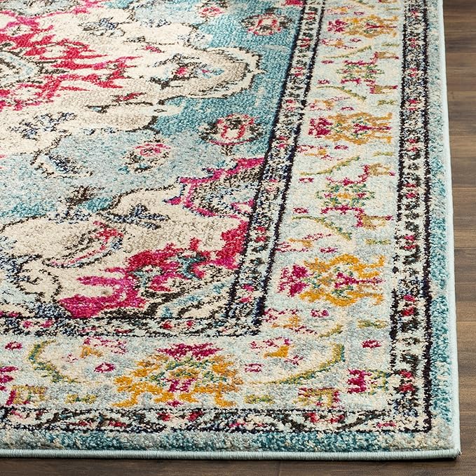 SAFAVIEH Monaco Collection 3' x 5' Light BlueFuchsia MNC243J Boho Chic Medallion Distressed Non-Shedding Living Room Bedroom Accent Rug