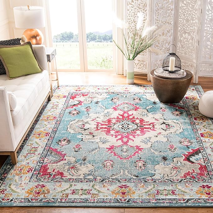 SAFAVIEH Monaco Collection X-Large Area Rug - 11' x 15', Light Blue & Fuchsia, Medallion Distressed Design, Non-Shedding & Easy Care, Ideal for High Traffic Areas in Living Room, Bedroom (MNC243J)