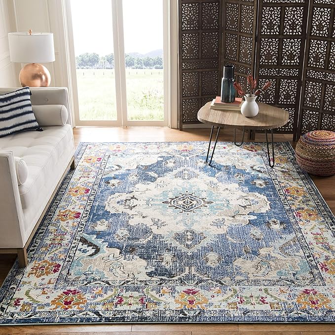 SAFAVIEH Monaco Collection Area Rug - 8' x 10', Navy & Light Blue, Boho Chic Medallion Distressed Design, Non-Shedding & Easy Care, Ideal for High Traffic Areas in Living Room, Bedroom (MNC243N)