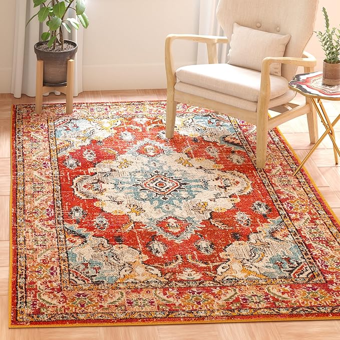 SAFAVIEH Monaco Collection Area Rug - 6'7" x 9'2", Orange & Light Blue, Boho Chic Medallion Distressed Design, Non-Shedding & Easy Care, Ideal for High Traffic Areas in Living Room, Bedroom (MNC243H)