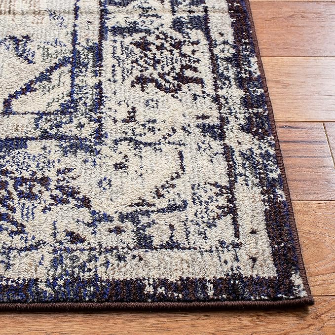 SAFAVIEH Monaco Collection Area Rug - 6'7" Square, Ivory & Navy, Boho Chic Medallion Distressed Design, Non-Shedding & Easy Care, Ideal for High Traffic Areas in Living Room, Bedroom (MNC243C)