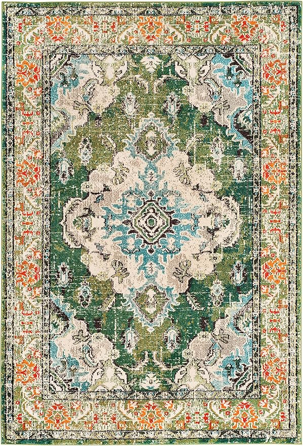 SAFAVIEH Monaco Collection Accent Rug - 2' x 3', Forest Green & Light Blue, Boho Medallion Distressed Design, Non-Shedding & Easy Care, Ideal for High Traffic Areas in Living Room, Bedroom (MNC243F-2)