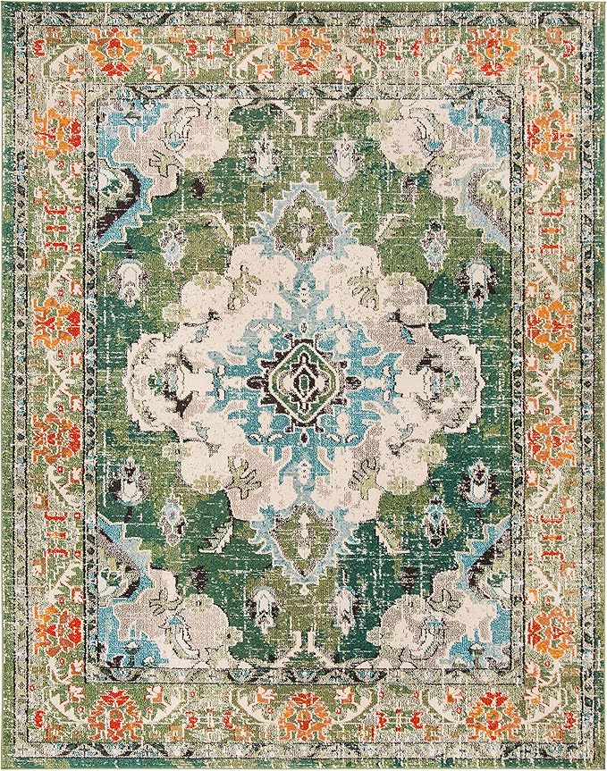 SAFAVIEH Monaco Collection X-Large Area Rug - 12' x 18', Forest Green & Light Blue, Medallion Distressed, Non-Shedding & Easy Care, Ideal for High Traffic Areas in Living Room, Bedroom (MNC243F)