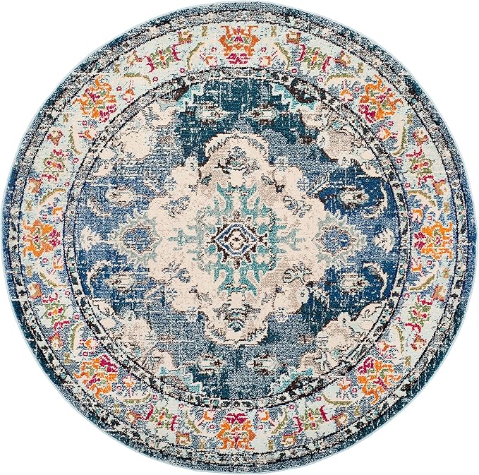 SAFAVIEH Monaco Collection Area Rug - 10' Round, Navy & Light Blue, Boho Chic Medallion Distressed Design, Non-Shedding & Easy Care, Ideal for High Traffic Areas in Living Room, Bedroom (MNC243N)