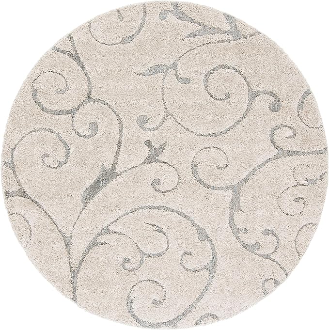 SAFAVIEH Florida Shag Collection 8' Round Beige/Blue Grey SG455 Scrolling Vine Graceful Swirl Textured Non-Shedding Living Room Bedroom 1.2-inch Thick Area Rug