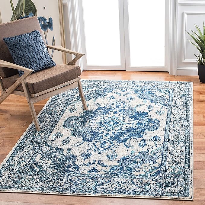SAFAVIEH Monaco Collection Accent Rug - 4' x 5'7", Ivory & Blue, Boho Medallion Distressed Design, Non-Shedding & Easy Care, Ideal for High Traffic Areas in Entryway, Living Room, Bedroom (MNC243A)