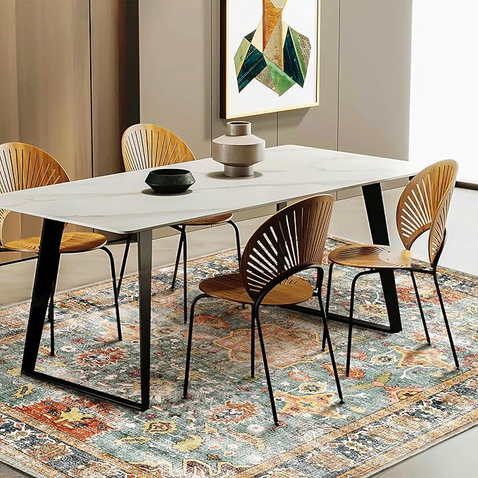 Area Rug 6'x9' Washable Vintage Traditional Distressed Thin Retro Kitchen Indoor Floor Cover Non Slip Carpet Floral Print Mat for Living Room Bedroom Dining Room