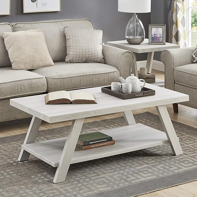 Roundhill Furniture Athens Contemporary Wood Shelf Coffee Table, White