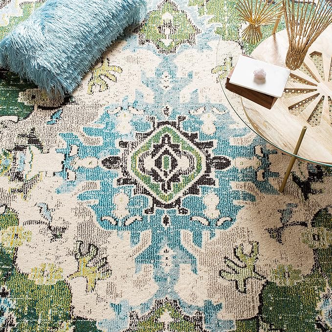 SAFAVIEH Monaco Collection Runner Rug - 2'2" x 16', Forest Green & Light Blue, Medallion Distressed Design, Non-Shedding & Easy Care, Ideal for High Traffic Areas in Living Room, Bedroom (MNC243F)