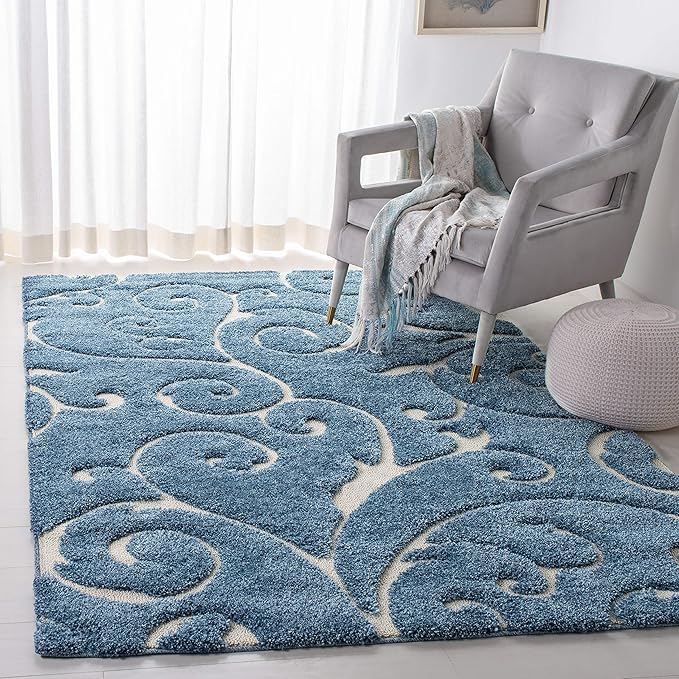 SAFAVIEH Area Rug 8x10 - Florida Shag Collection - Large - Light Blue & Cream, Scroll Design, Non-Shedding & Easy Cleaning, Plush Thick Pile, Ideal for Living Room, Bedroom, Dining Space (SG455-6011)