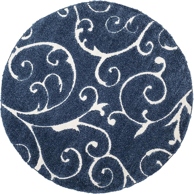 SAFAVIEH Florida Shag Collection Area Rug - 11' Round, Dark Blue & Cream, Scroll Design, Non-Shedding & Easy Care, 1.2-inch Thick Ideal for High Traffic Areas in Living Room, Bedroom (SG455-6511)