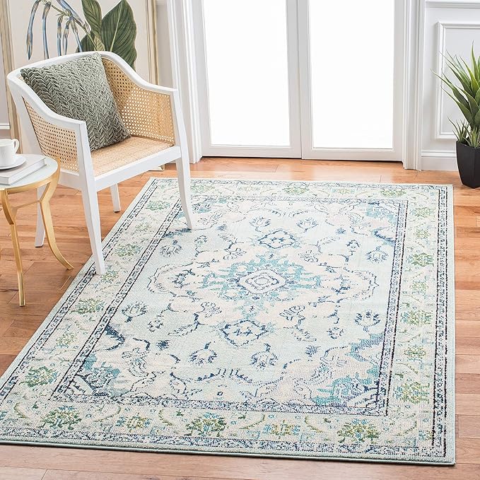 SAFAVIEH Monaco Collection Area Rug - 6'7" Square, Light Blue & Ivory, Boho Chic Medallion Distressed Design, Non-Shedding & Easy Care, Ideal for High Traffic Areas in Living Room, Bedroom (MNC243K)
