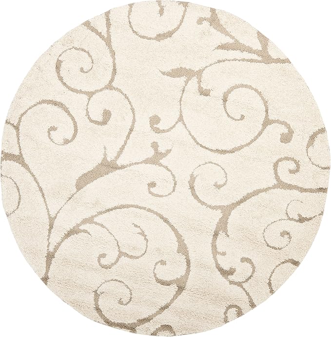 SAFAVIEH Florida Shag Collection Area Rug - 3'3" Round, Cream & Beige, Scroll Design, Non-Shedding & Easy Care, 1.2-inch Thick Ideal for High Traffic Areas in Living Room, Bedroom (SG455-1113)