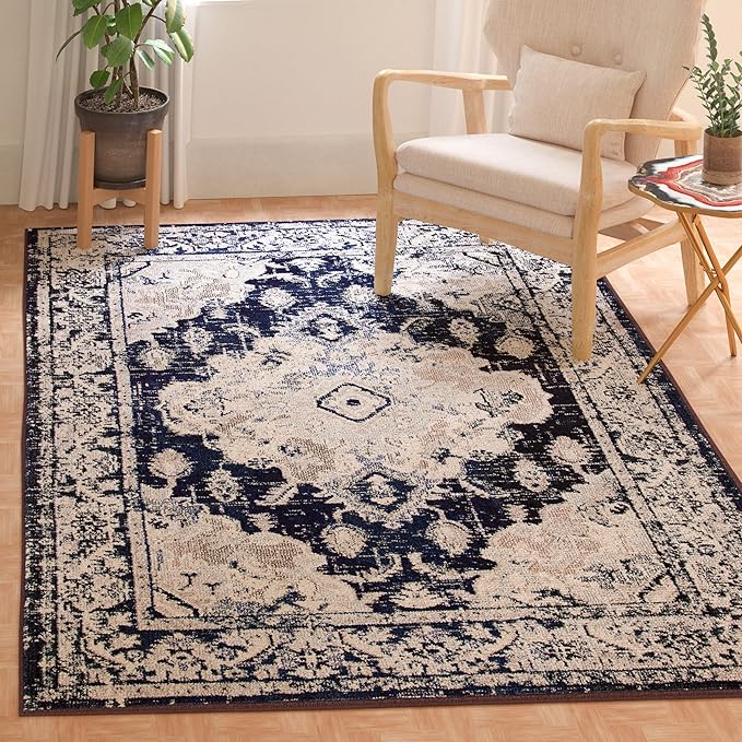 SAFAVIEH Monaco Collection Area Rug - 9' x 12', Ivory & Navy, Boho Chic Medallion Distressed Design, Non-Shedding & Easy Care, Ideal for High Traffic Areas in Living Room, Bedroom (MNC243C)