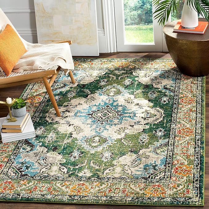 SAFAVIEH Monaco Collection Accent Rug - 3' x 5', Forest Green & Light Blue, Distressed Design, Non-Shedding & Easy Care, Ideal for High Traffic Areas in Entryway, Living Room, Bedroom (MNC243F)