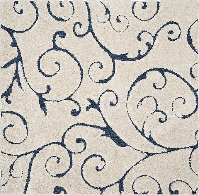 SAFAVIEH Florida Shag Collection Area Rug - 5' Square, Cream & Blue, Scroll Design, Non-Shedding & Easy Care, 1.2-inch Thick Ideal for High Traffic Areas in Living Room, Bedroom (SG455-1165)