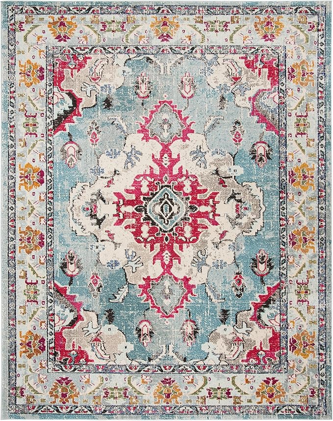 SAFAVIEH Monaco Collection 9' x 12' Light BlueFuchsia MNC243J Boho Chic Medallion Distressed Non-Shedding Living Room Bedroom Dining Home Office Area Rug
