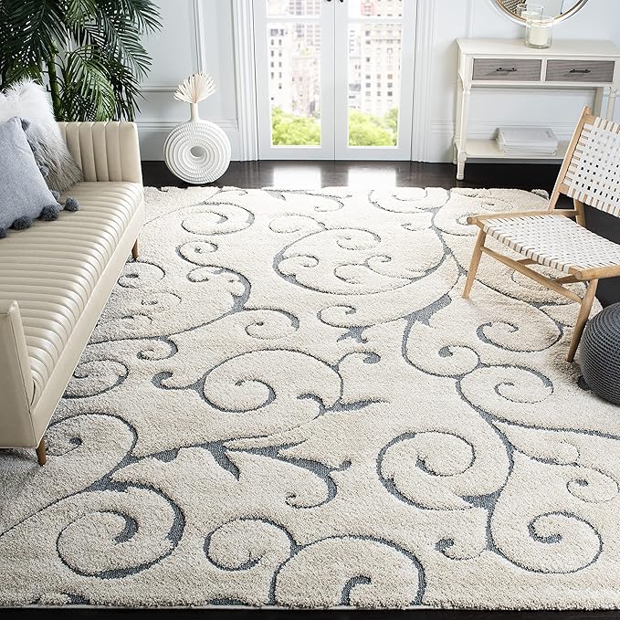 SAFAVIEH Area Rug 8x10 - Florida Shag Collection - Large - Beige & Blue Grey, Scroll Design, Non-Shedding & Easy Cleaning, Plush Thick Pile, Ideal for Living Room, Bedroom, Dining Space (SG455-1155)