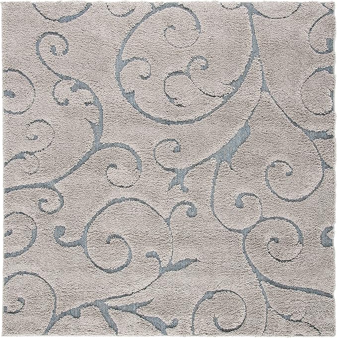 SAFAVIEH Florida Shag Collection Area Rug - 5' Square, Grey & Light Blue, Scroll Design, Non-Shedding & Easy Care, 1.2-inch Thick Ideal for High Traffic Areas in Living Room, Bedroom (SG455-1160)