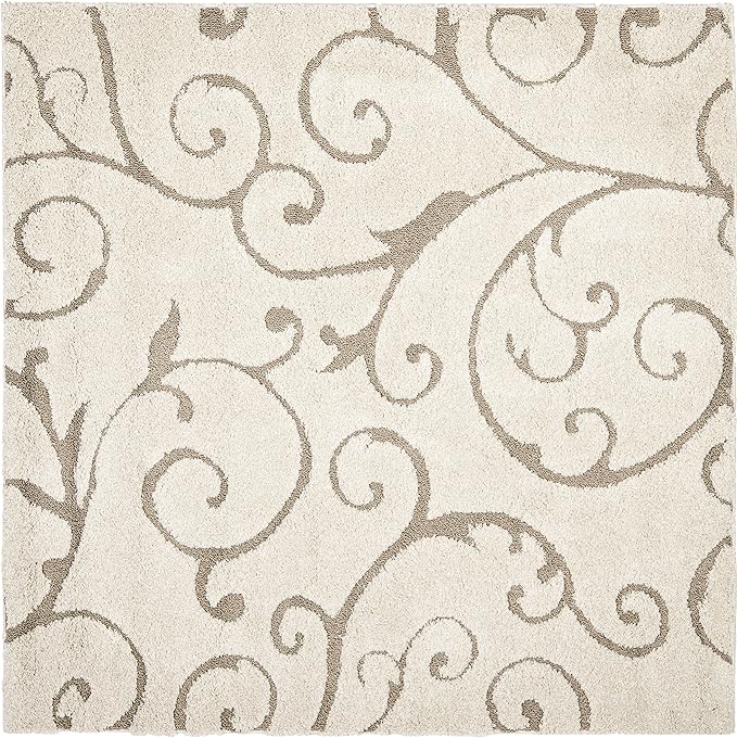 SAFAVIEH Florida Shag Collection Area Rug - 8' Square, Cream & Beige, Scroll Design, Non-Shedding & Easy Care, 1.2-inch Thick Ideal for High Traffic Areas in Living Room, Bedroom (SG455-1113)
