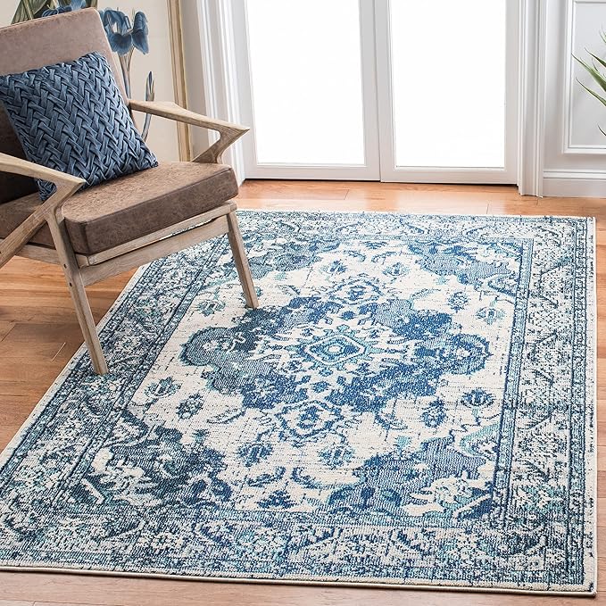 SAFAVIEH Monaco Collection Area Rug - 6'7" Square, Ivory & Blue, Boho Chic Medallion Distressed Design, Non-Shedding & Easy Care, Ideal for High Traffic Areas in Living Room, Bedroom (MNC243A)