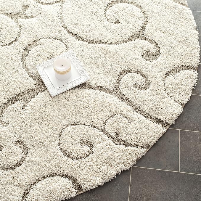 SAFAVIEH Florida Shag Collection Area Rug - 6'7" Round, Cream & Beige, Scroll Design, Non-Shedding & Easy Care, 1.2-inch Thick Ideal for High Traffic Areas in Living Room, Bedroom (SG455-1113)