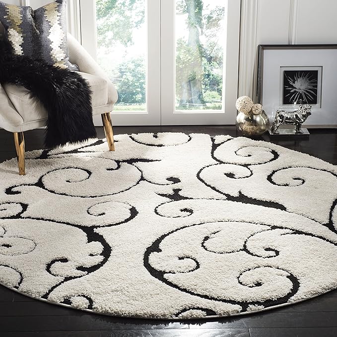 SAFAVIEH Florida Shag Collection Area Rug - 9' Round, Ivory & Black, Scroll Design, Non-Shedding & Easy Care, 1.2-inch Thick Ideal for High Traffic Areas in Living Room, Bedroom (SG455-1290)