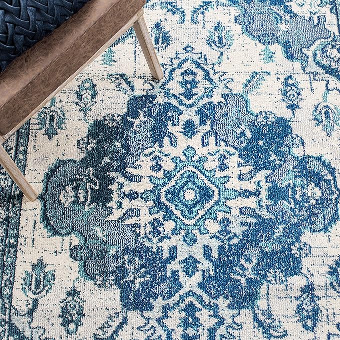 SAFAVIEH Monaco Collection Area Rug - 5'1" x 7'7", Ivory & Blue, Boho Chic Medallion Distressed Design, Non-Shedding & Easy Care, Ideal for High Traffic Areas in Living Room, Bedroom (MNC243A)