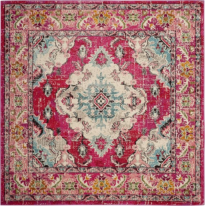 SAFAVIEH Monaco Collection Area Rug - 4' Square, Pink & Multi, Boho Chic Medallion Distressed Design, Non-Shedding & Easy Care, Ideal for High Traffic Areas in Living Room, Bedroom (MNC243D)